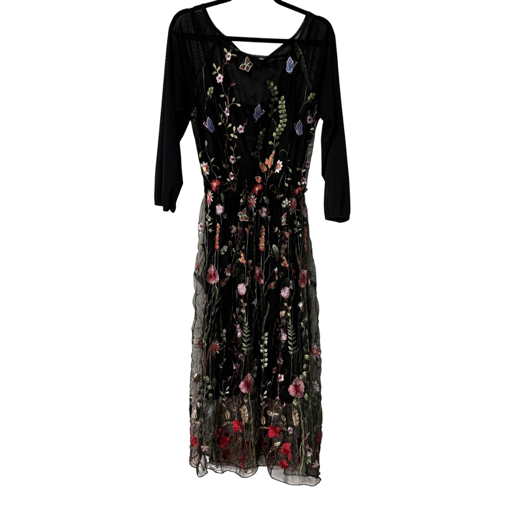 Gigi Italy L Black Floral Butterfly Embroidered Mesh Midi Dress Whimsical Goth